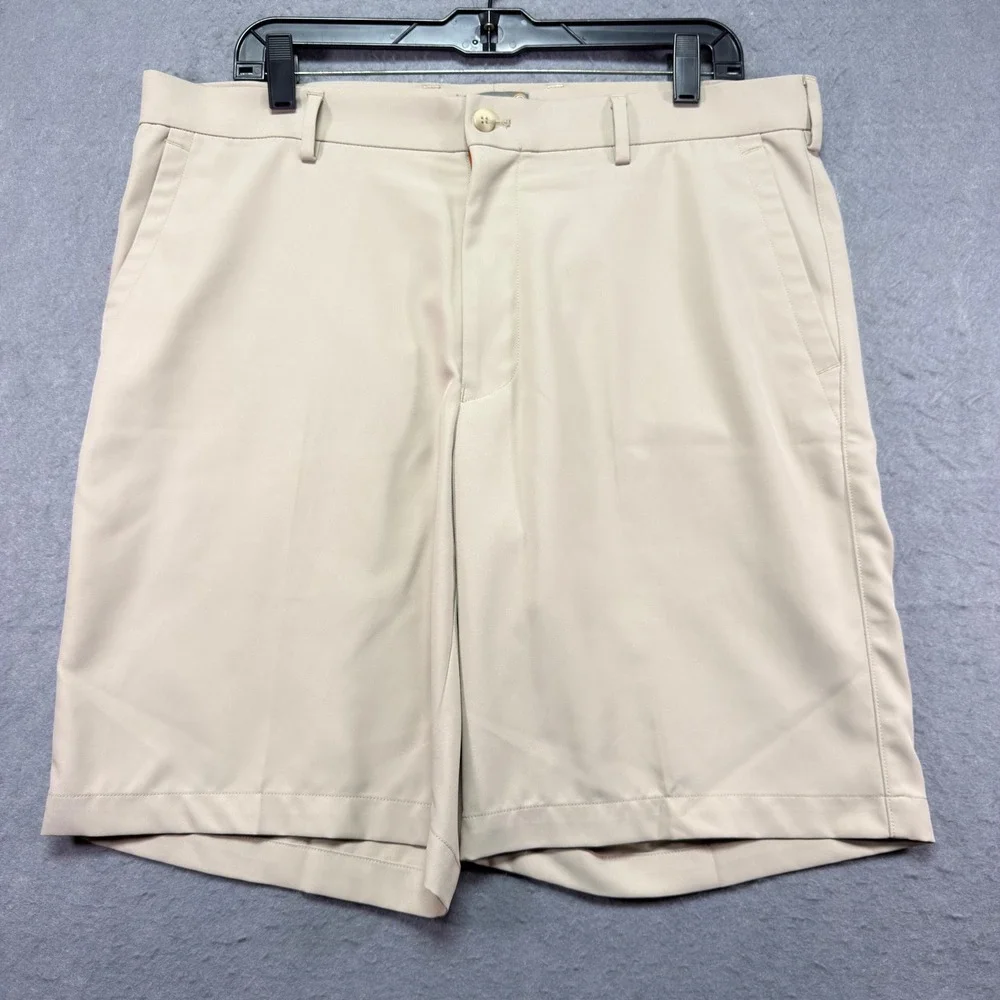 Peter Millar Wicking Performance Golf Shorts Mens 36 Khaki Tan Stretch 9 Inseam